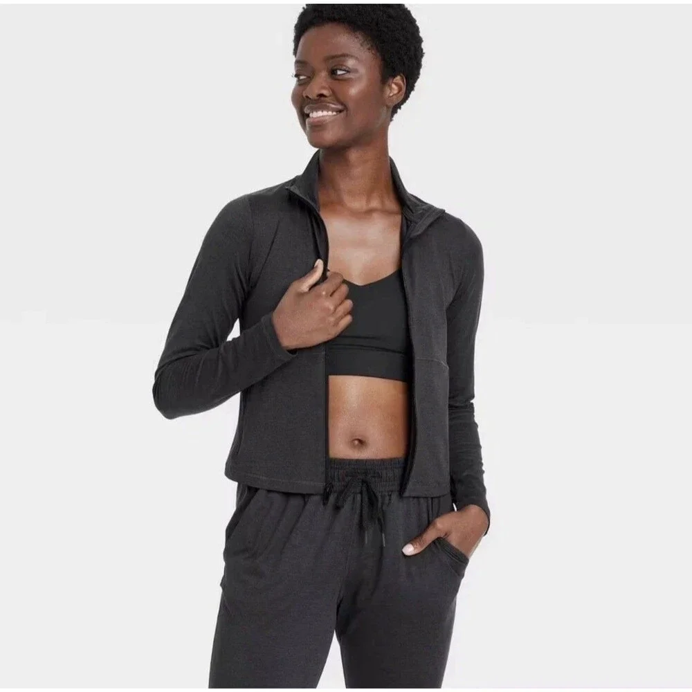 Women's Soft Stretch Full Zip Jacket - All In Motion Heathered Black XXL - Picture 2 of 6